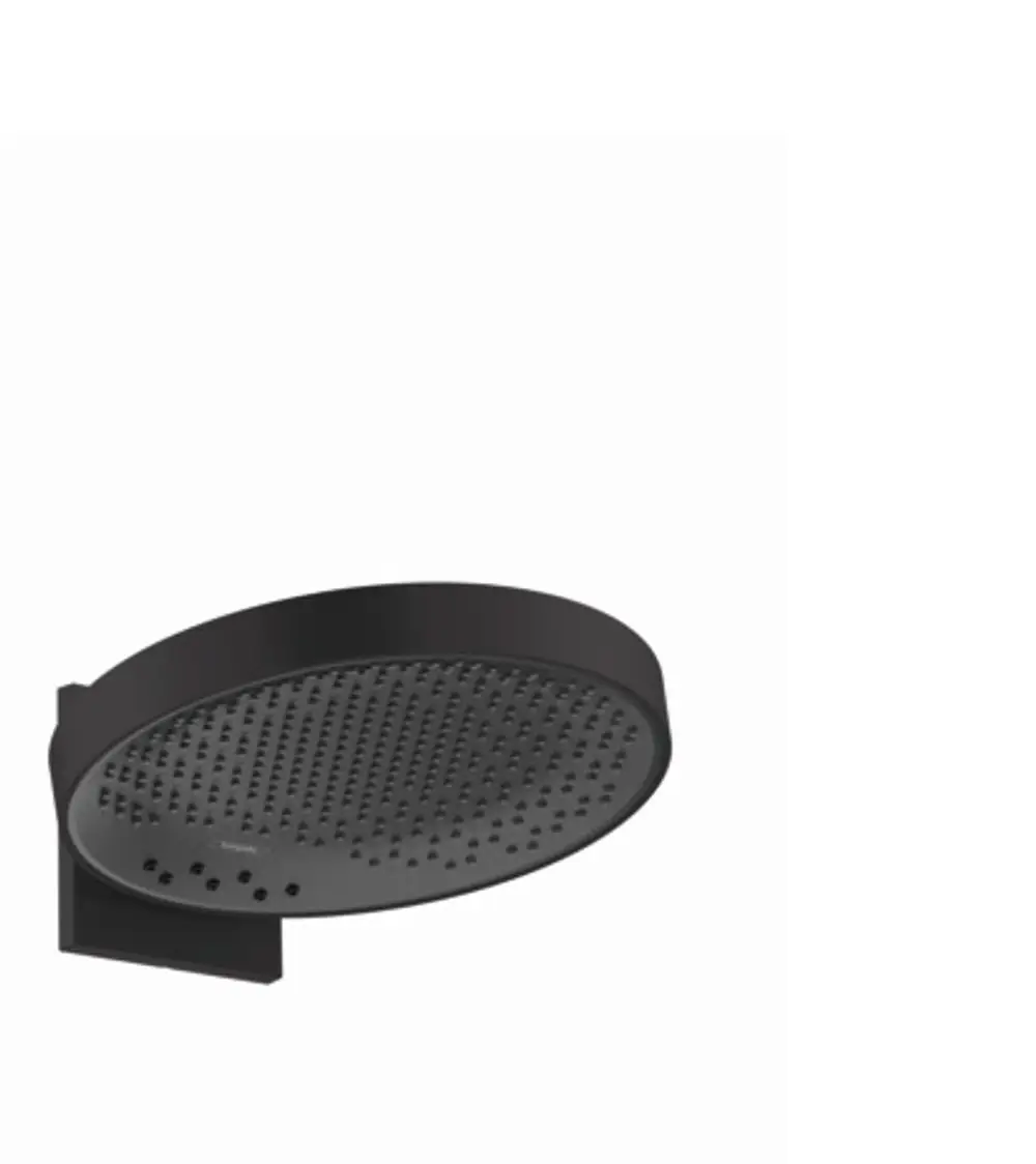 Schwarze Kopfbrause mit Wandanschluss von Hansgrohe, rundes Design mit mehreren Düsenausschnitten zur Wasserverteilung, geeignet für moderne Badezimmer.